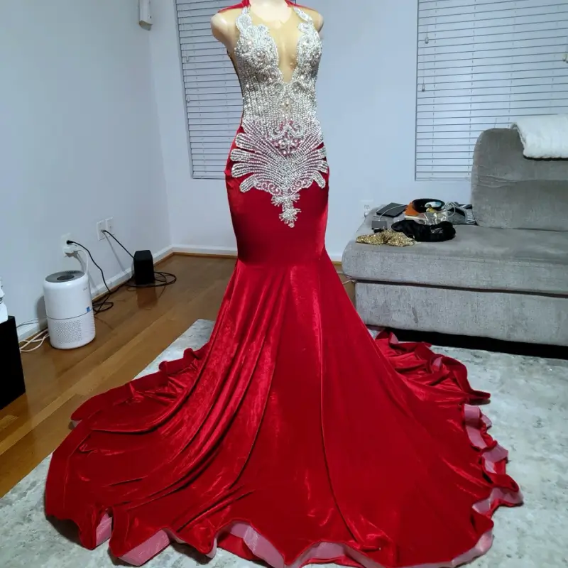 Velvet Deep V-Neck Beaded Prom Dress with Off-Shoulder Straps-Custom Made in Maryland